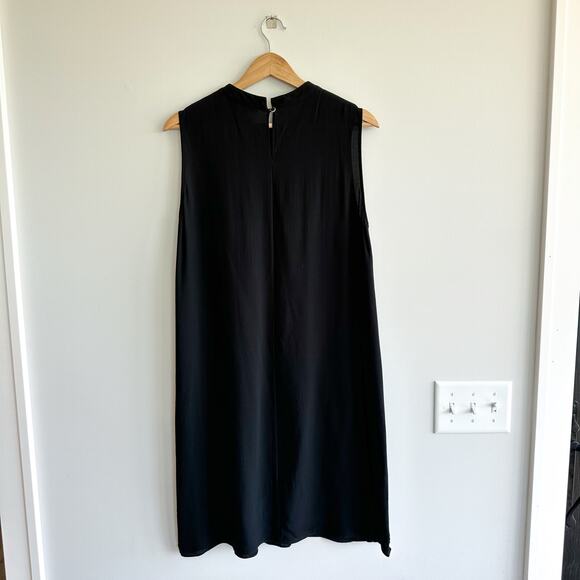 Eileen Fisher Silk Georgette Crepe Round Neck Dress Black LP - Picture 3 of 8